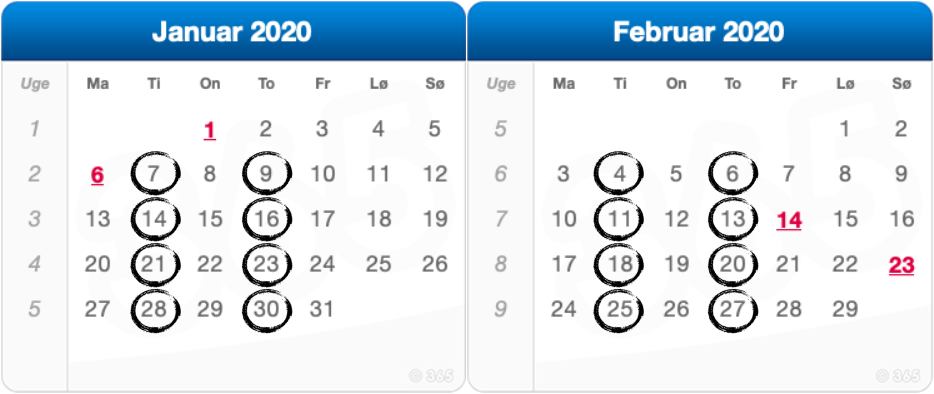 De 16 datoer i januar og februar. TRX Bootcamp 1 - April - kalender