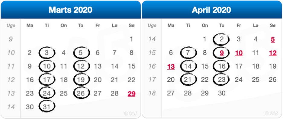 De 16 datoer i marts og april. TRX Bootcamp 1 - April - kalender