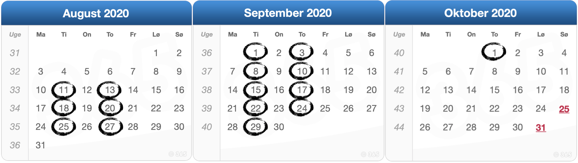 De 16 datoer i august, september og oktober. TRX Bootcamp 1 - April - kalender