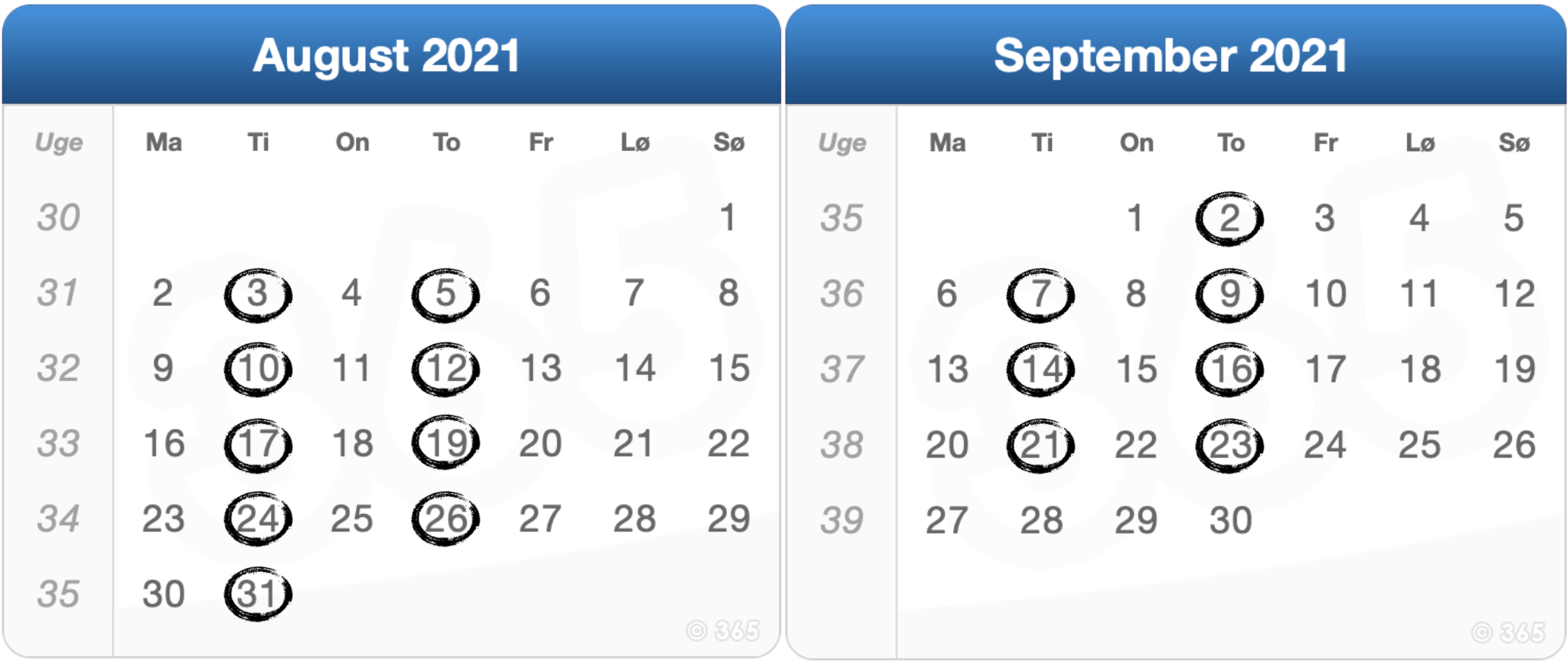 De 16 datoer er i august og september TRX Bootcamp 1 - April - kalender