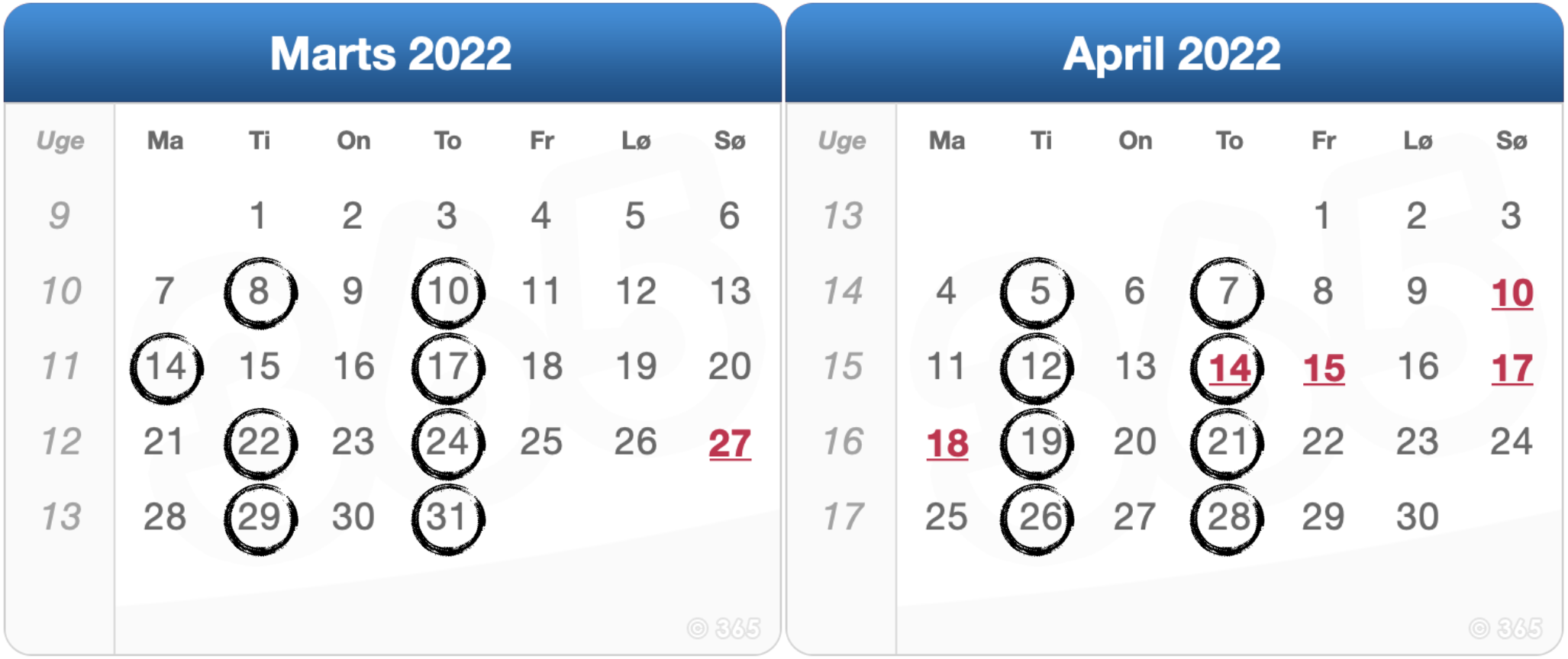 De 16 datoer i marts og april