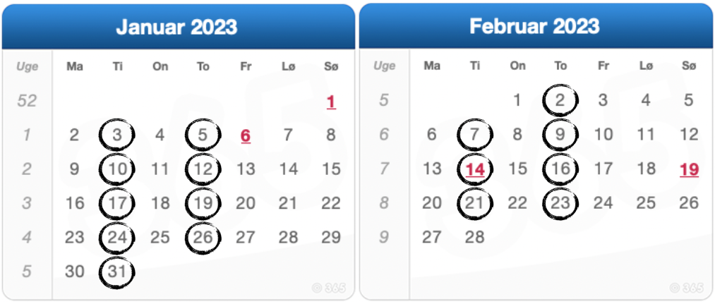 De 16 datoer i januar og februar 2023