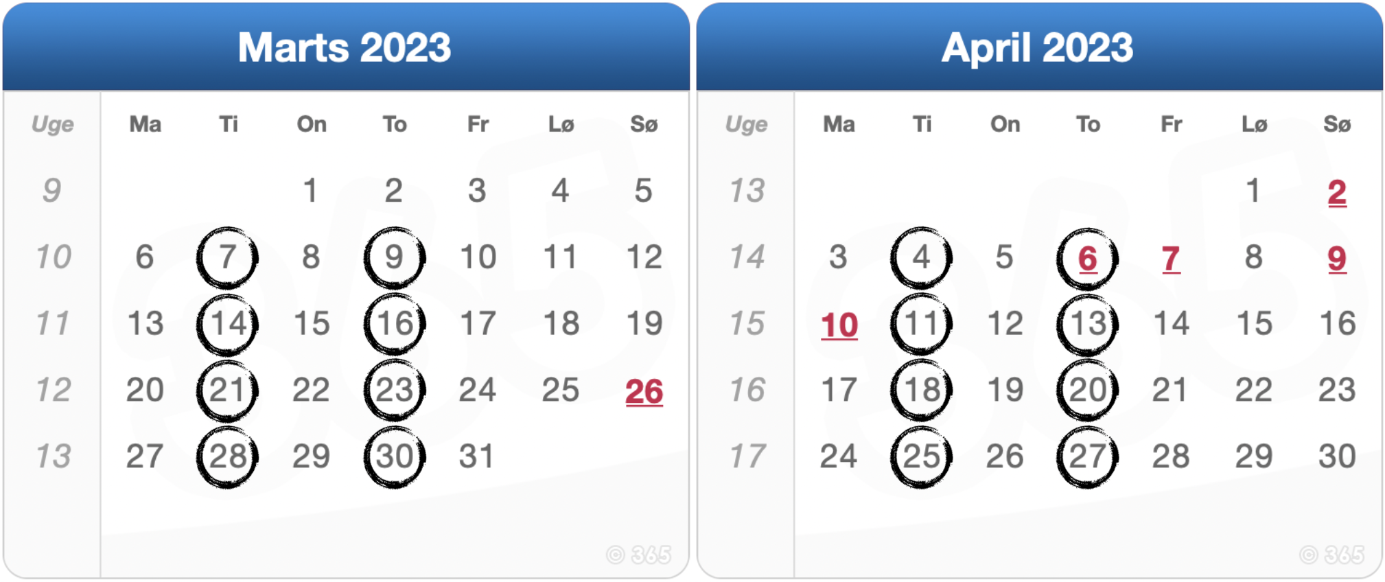 De 16 datoer i marts og april 2023 De 16 datoer i marts og april 2023