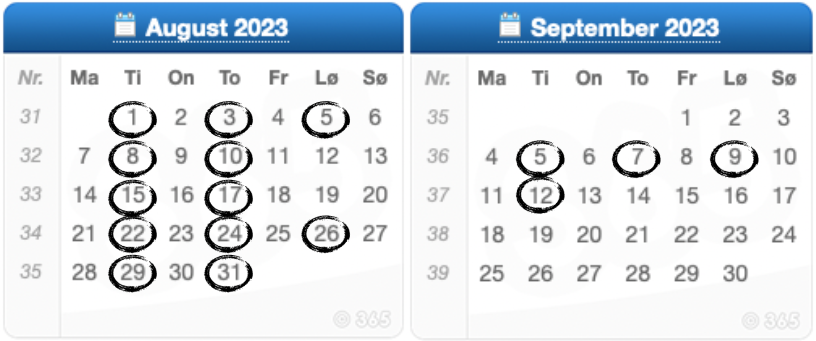 De 16 datoer i august og september 2023