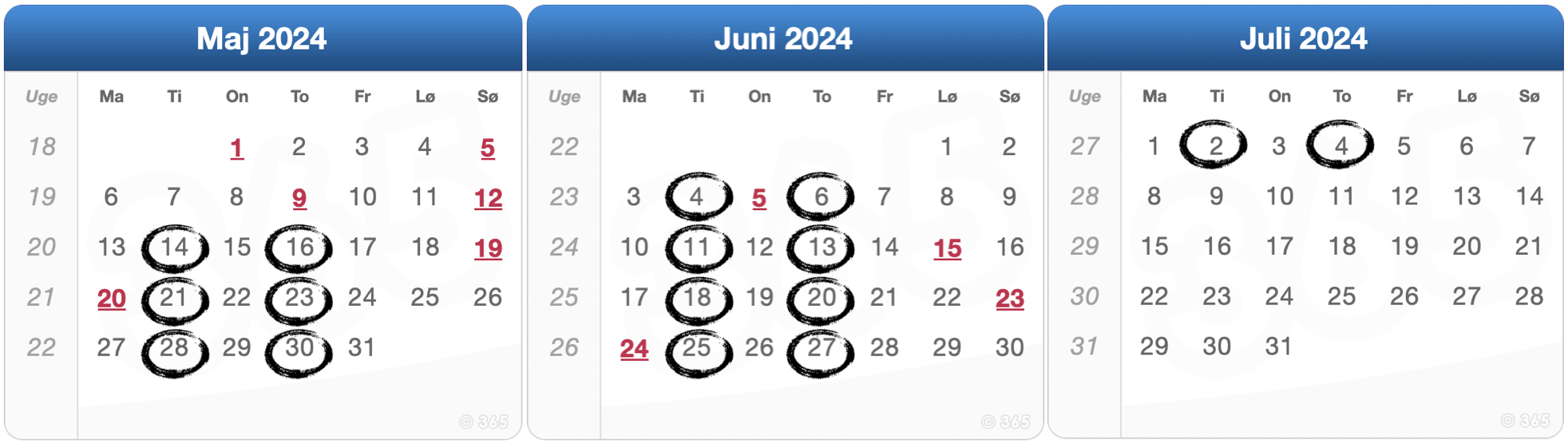 De 16 datoer i maj, juni og juli