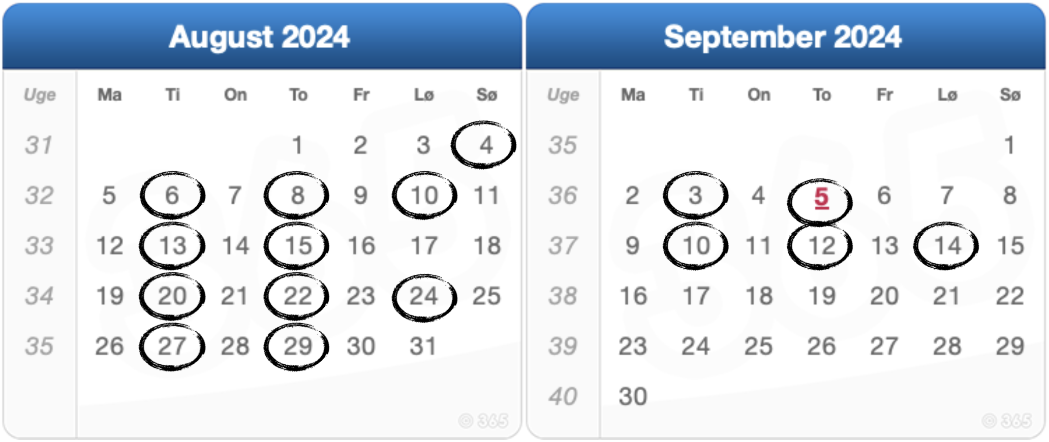 De 16 datoer i august og september